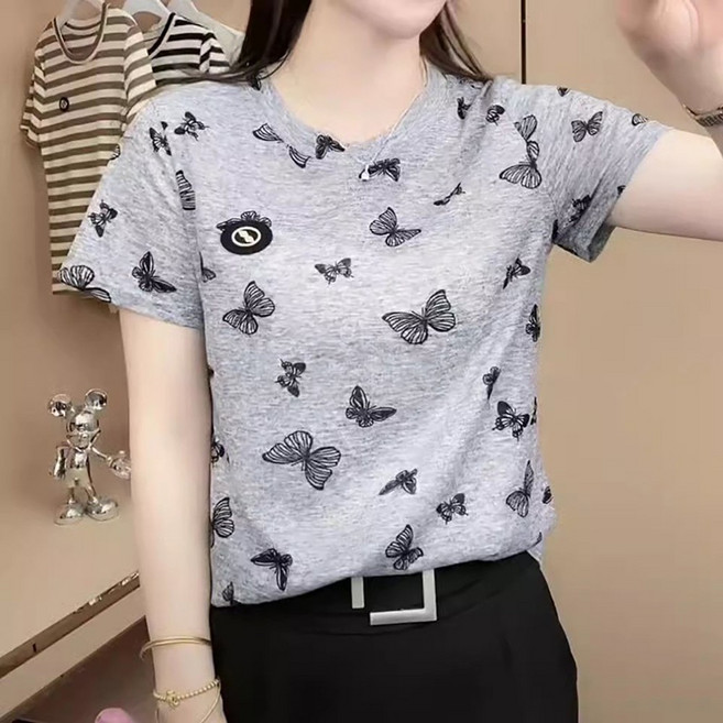 ROYALBELLE 여성 여름 아이스 실크 나비 프린트 반팔티 루즈핏 슬림핏 커버업 데일리 티셔츠 B0052420