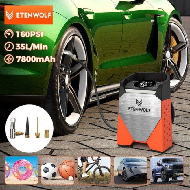 ETENWOLF ZEPHYR S3 휴대용 타이어 팽창기 100% 듀티 사이클 160 PSI 자동차 공기 압축기 7800mAh 오토바이, bright orange