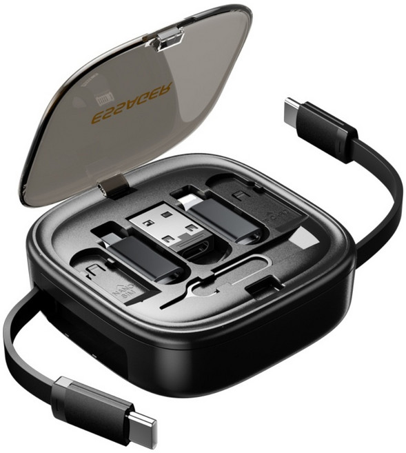 Essager 60W 충전 케이블 어댑터 9 in 1 휴대용 멀티박스, 1개, 블랙, 1m