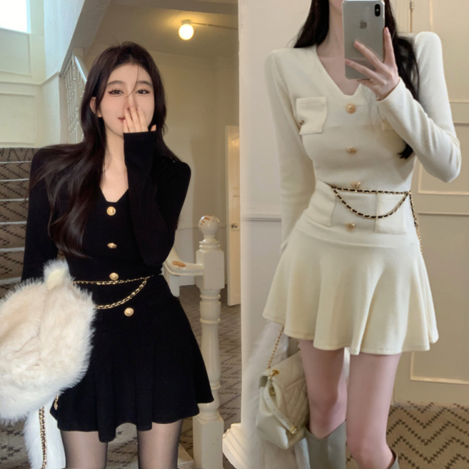 Asure 브이넥 니트 원피스 슬림핏 플리츠 미니원피스