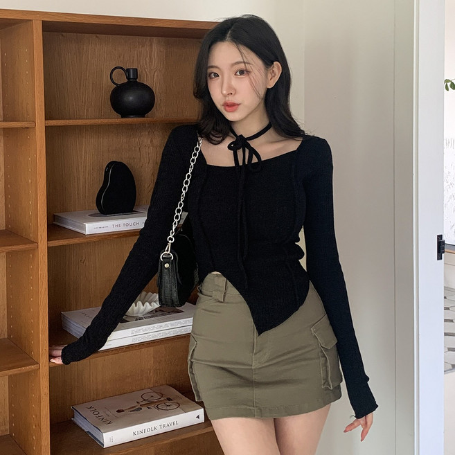 [옐로우벨리] 슬림핏 스퀘어넥 언발 골지 티셔츠 스트랩 세트
