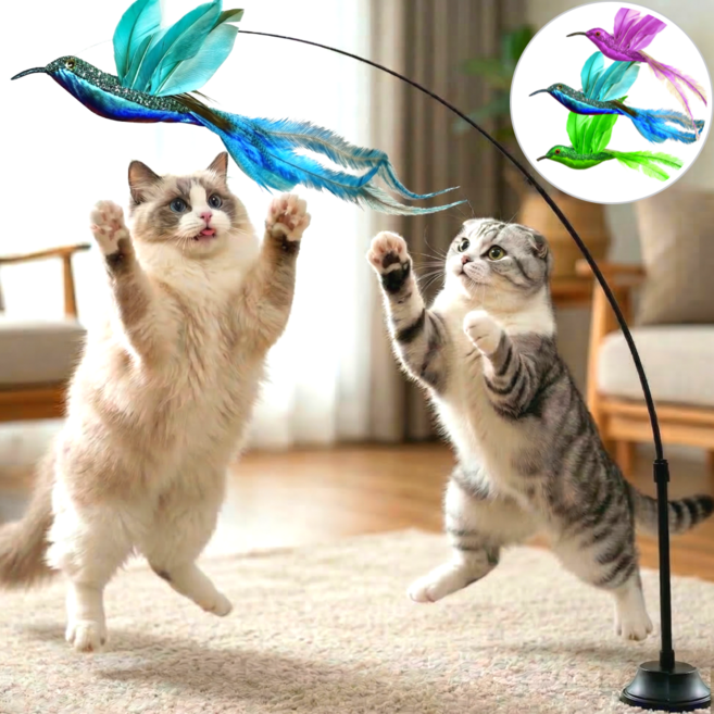스마일플로우 진짜같은 벌새 낚시대 풀세트 고양이 최애 튼튼 고정 장난감, 블루 벌새, 1세트