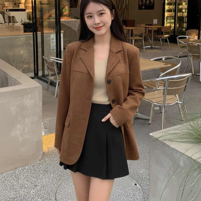 여성용 스웨이드 싱글 자켓 테일러드 카라 아우터