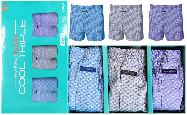 홈란쥬 트라이 남성 쾌적하고 시원한 쿨 트리플 박서 사각팬티 3매 K01