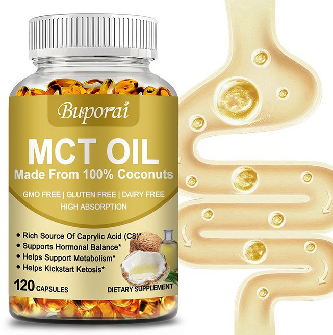 순수 MCT 오일 캡슐 3000mg 정제되지 않은 코코넛 함유 - C10 및 C8 두뇌 연료 에너지 옥타논, 1개, 60정