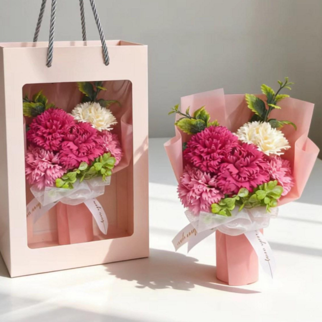 어버이날 카네이션 납골당 조화 성묘용 부착식 미니 꽃다발 포장 박스 세트, 1개, 핑크