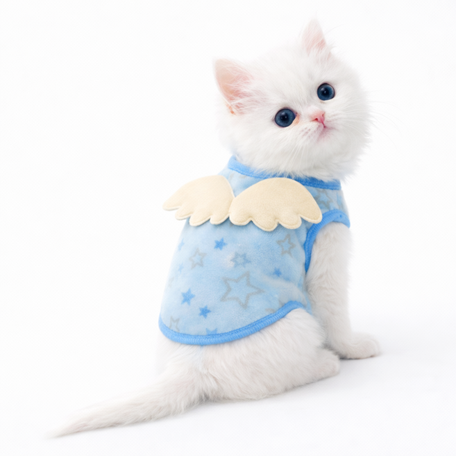 아기 강아지 고양이 천사 날개 기모 티셔츠 맨투맨 옷, 1개, 별블루