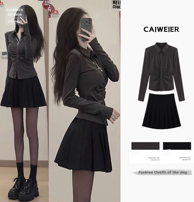 봄 가을 주름 스커트 투피스 셔츠 원피스 여성 셔츠원피스