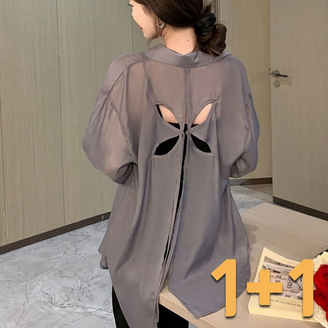 1+1 뒤트임 펀칭 긴팔 블라우스 시스루 남방 셔츠 상의 시원한 자외선 차단복 여름 여성용 캐주얼 가디건 외투