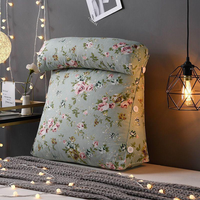 沙發靠墊抱枕護腰牀頭靠墊軟包牀上靠枕大靠背墊辦公室腰靠背護頸, 加厚帆布-清新玫瑰,大號：寬59.9x高50x厚20cm 舒