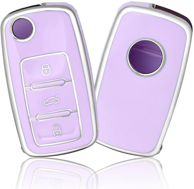 OFFCURVE TPU 폭스바겐 자동차 엣지라인 3버튼 골프5/6세대 투아렉 제타 페이톤 풀커버 스마트키 적용 키케이스 기홀터 단품, 02, 퍼플 실버