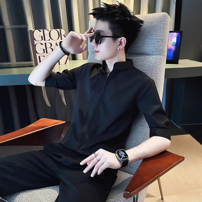 【痞帥立領】華夫格襯衫 短袖襯衫 中袖襯衫 男裝上衣 夏裝 男士襯衣 透氣速幹 寬鬆休閒 夏季新款 潮流穿搭