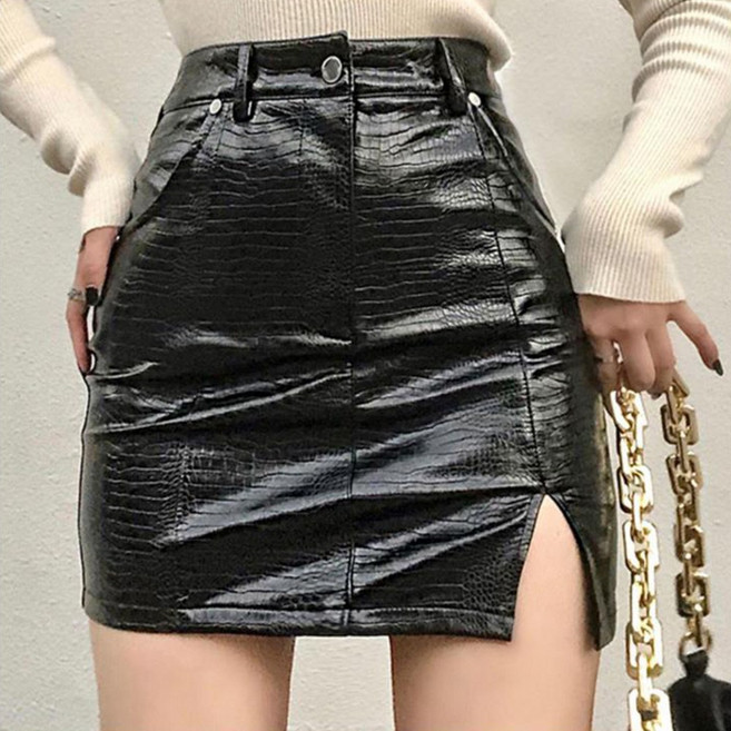 [마지막SALE]커플캔디] 크로커다일 가죽 텍스처 슬릿 미니스커트