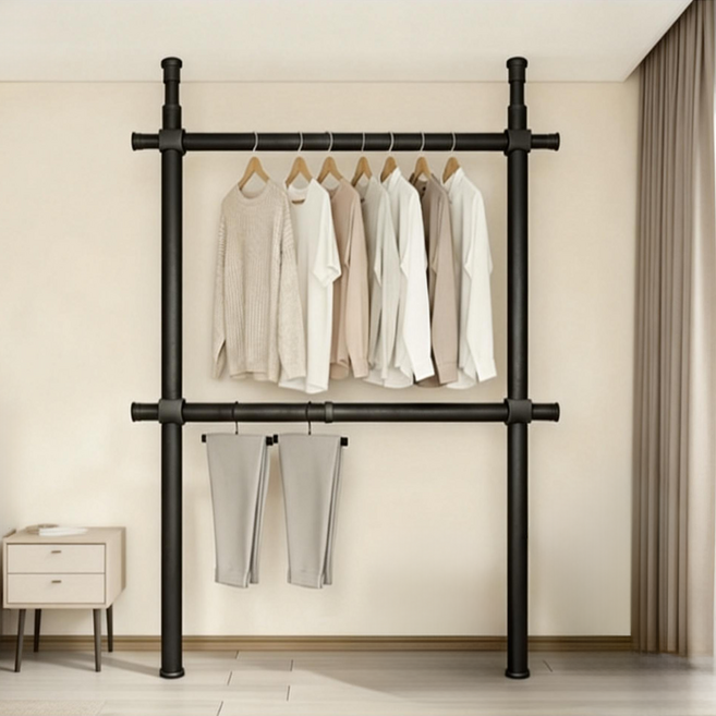 NEDYOU 보강형 32mm 드레스룸 와이드 2단 행거 고정식 설치형 심플 튼튼한 철제 옷걸이행거 YJ-045, 블랙