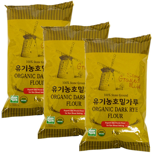 유기농 호밀가루, 1kg, 3개