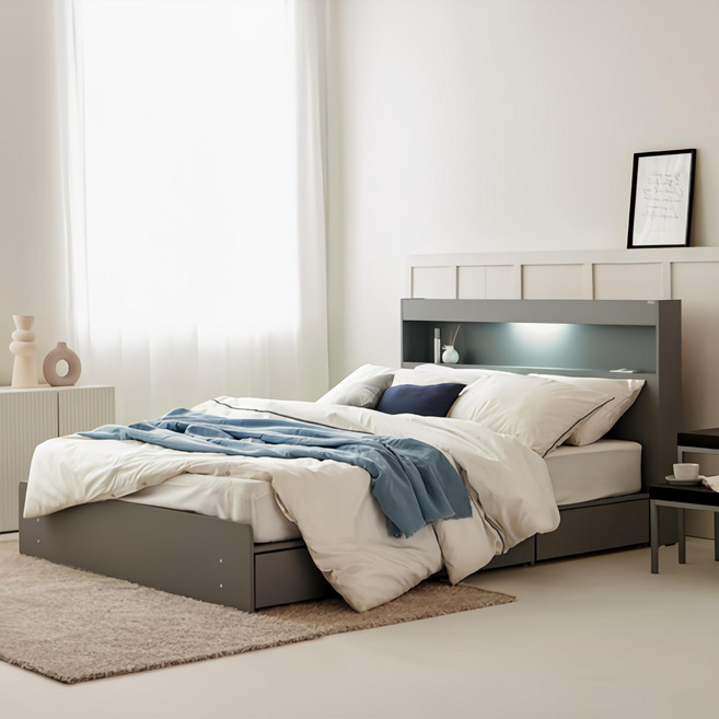 동서가구 이즈 카이 1단 3서랍 LED 수납침대 프레임 단품 방문설치, 그레이