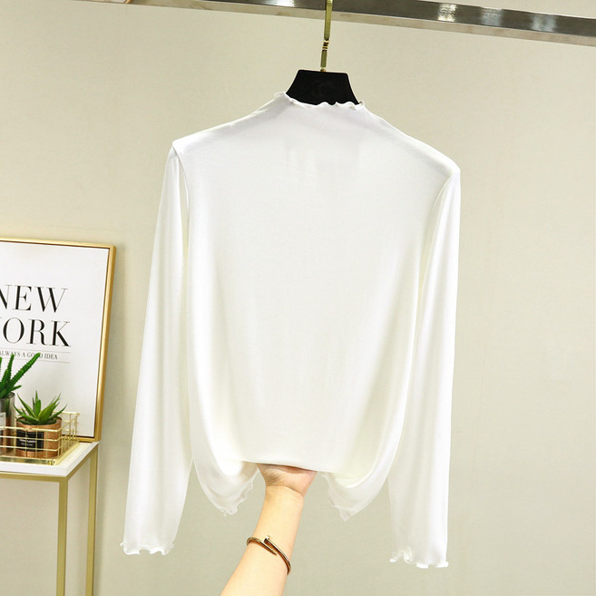 여성용 모달 터틀넥 긴팔 티셔츠 빅사이즈 물결 반목티-1979