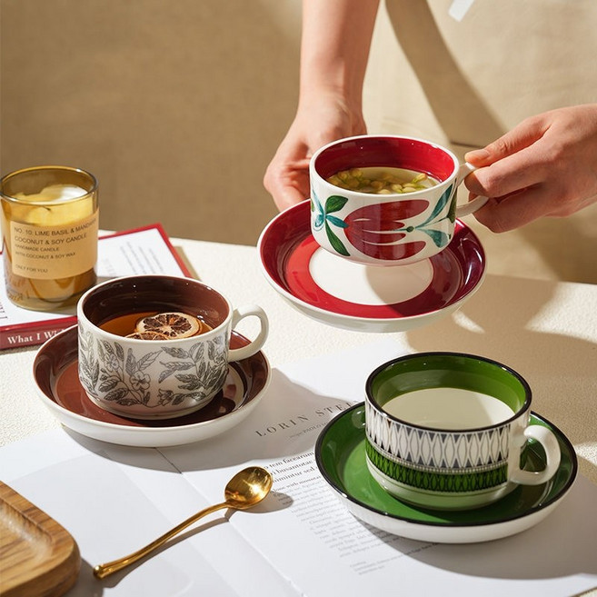 BLOWFISHFUGU 핀란드 커피 잔 커피잔세트 플라워 물컵 사무실 커피 잔 280ML, 1세트, 레드+갈색+그린