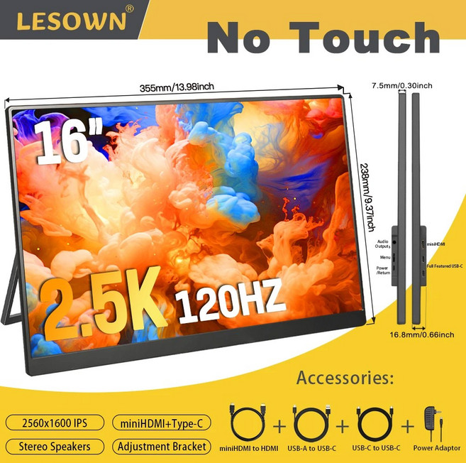 LESOWN 스위치 PC용 5K 14 16 노트북 모니터 화면 디스플레이 보조 4K 타입 미니 휴대용 120HZ 인치 11 게이밍 HDMI, 영국 플러그, 16in 2.5K 120Hz, 1개, 02 영국 플러그
