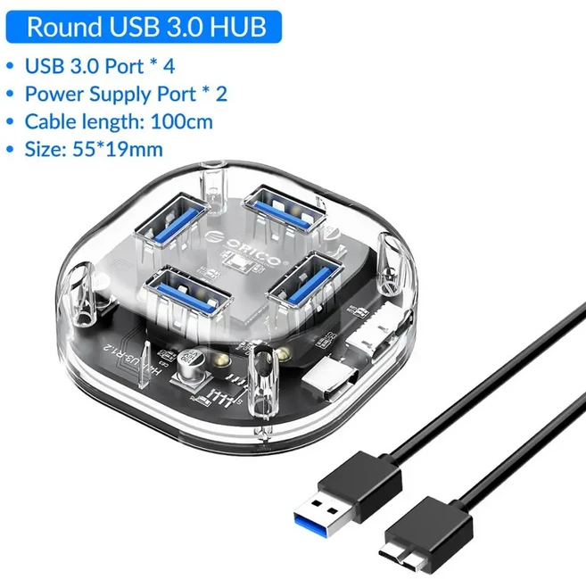ORICO 4/7 포트 USB 3.0 허브 듀얼 전원 공급 장치 분배기 어댑터 OTG C 충전기 PC 컴퓨터 주변 액세서리, 05 Round 4 Ports 100cm