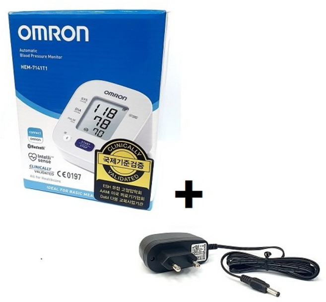 오므론 혈압계 HEM-7141T1 +호환 아답터포함 자동전자 블루투스 건전지형 팔뚝형, 1개
