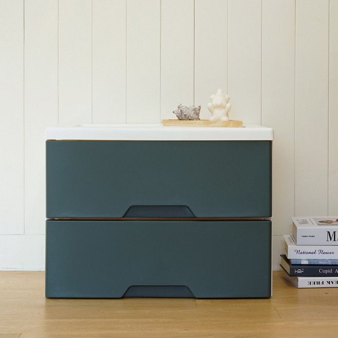 보노하우스 러쉬그레인 플라스틱 와이드 서랍장 2단 옷 정리 수납장, 네이비