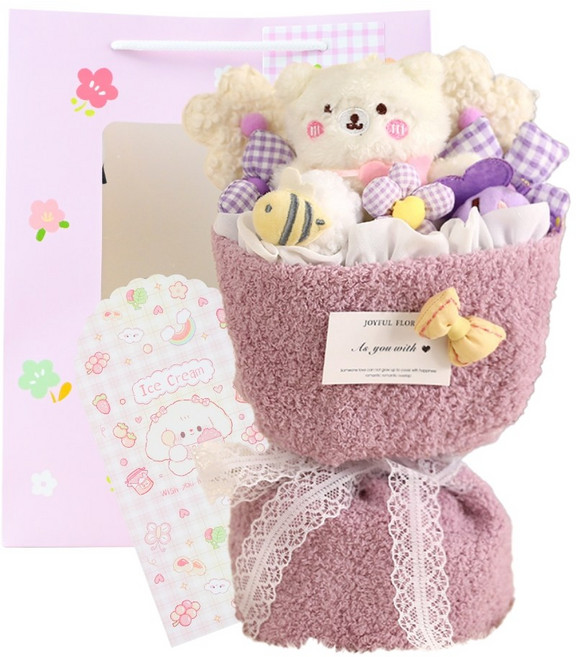 애니멀 인형 꽃다발 종이가방 세트 졸업 입학 학예회 생일 여자친구 선물, 1개, 파스텔 보라 곰돌이
