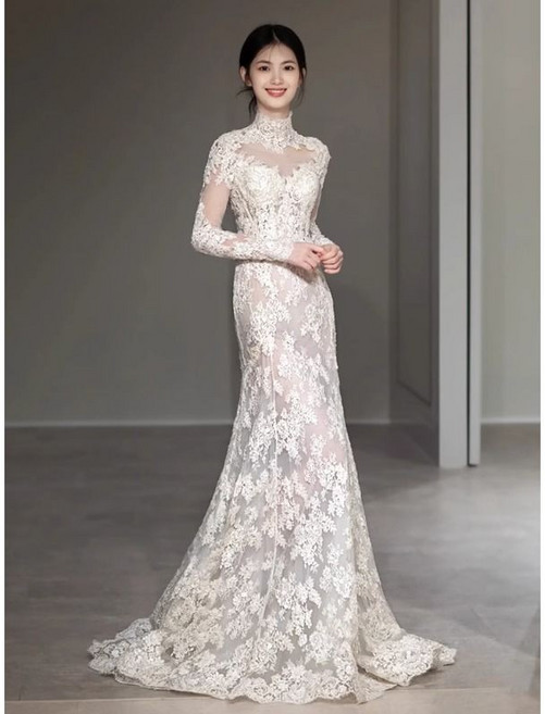 魚尾輕婚紗 長袖復古女禮服, 白色 【無配件】,S, 1個