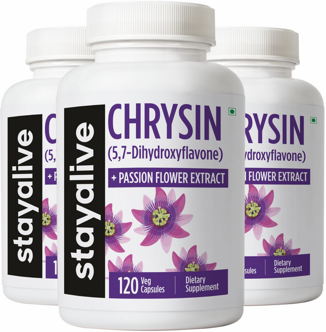Stayalive 크리신 보충제 500mg & 패션플라워 추출물 분말 5 7-디하이드록시플라본 비GMO 및 글루텐 프리 남성 및 여성용 크리신 120캡슐, 3개, 120정