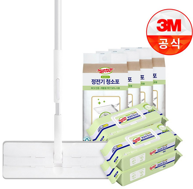 [3M]대형 올터치 더블액션 막대걸레+더블액션 베이직 플러스 물걸레 30매 x 4개 +베이직 정전기 청소포 50매 x 4개, 1개