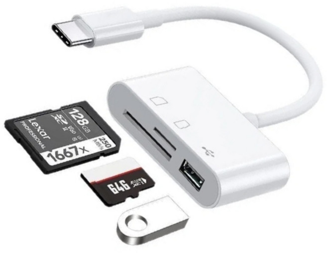 Type-C轉SD+TF+USB三合一讀卡機, 白色, 1個, Type-C轉SD+TF+USB三合一