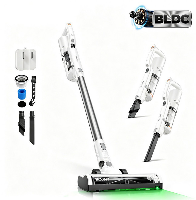 무선 청소기 BLDC 모터 저소음 H14 헤파필터 레이저 그린라이트 먼지탐지 반려동물 털 카펫 청소 초경량, ROUNY-V3, 흰색