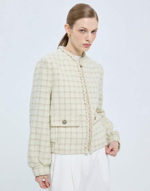 데코 데코 (직영) 라운드넥 트위드 집업 자켓-DCJPD1104W