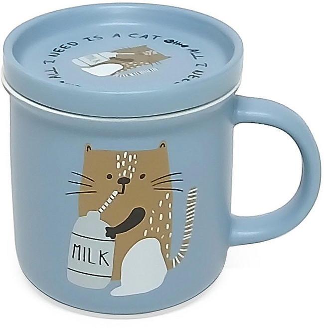 토탈하우스 프린스캣 고양이 뚜껑 머그컵 400ml 도자기 쌓을수있는 귀여운 애니멀 머그잔 찻잔 커피 컵 고양이컵 고양이머그, 1개, 밀크캣-3729