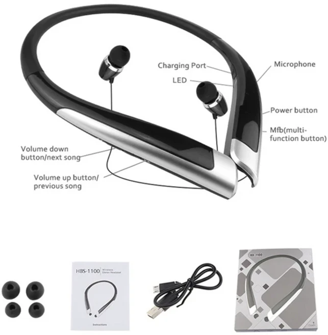 HBS-1100 스테레오 블루투스 헤드폰 바이노럴 핸즈프리 넥밴드 이어폰 패션 미니 무선 유니버셜, 01 빠른, 03 Black