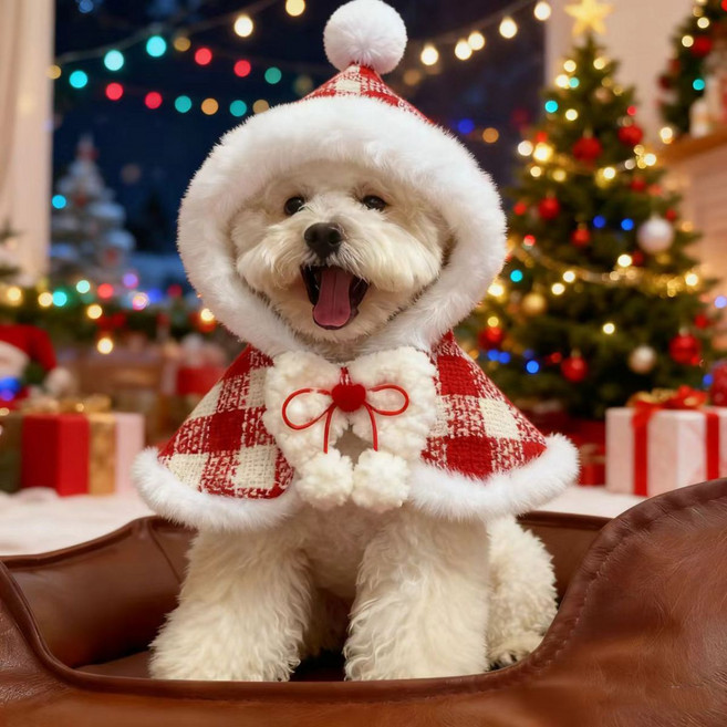 체리티 겨울 크리스마스 펫 망토 애완동물 옷, 1개, 레드/화이트