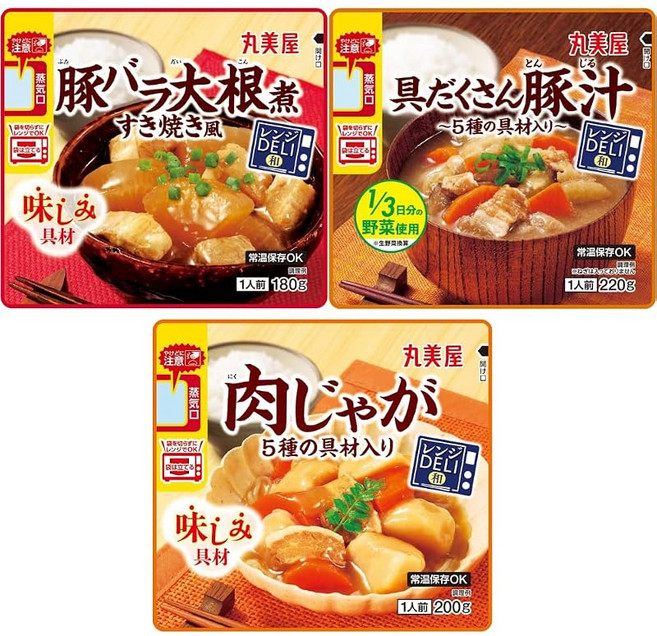 6개 세트 마루미야 렌지DELI(재료가 풍부한 돼지국/고기와 감자 조림/돼지 삼겹살 무조림) 전자레인지 사용 가능 레토르트 반찬 오리지널 스티커 포함, 1g