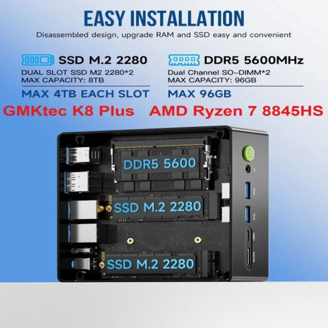 GMKtec K8 Plus AMD Ryzen 7 8845HS 미니 PC Oculink WIFI6 BT5.2 Wins11Pro DDR5 5600Mhz SSD 탑재 데스크, 01 CHINA, 01 영국, 01 DDR5 64GB 1TB