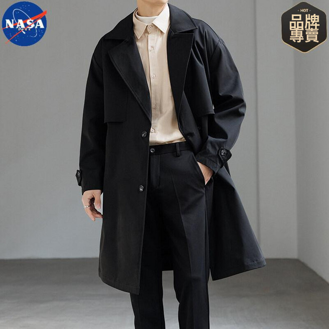 NASA聯名高質量春秋季英倫中長款風衣外套男士純色高級痞帥尼大衣