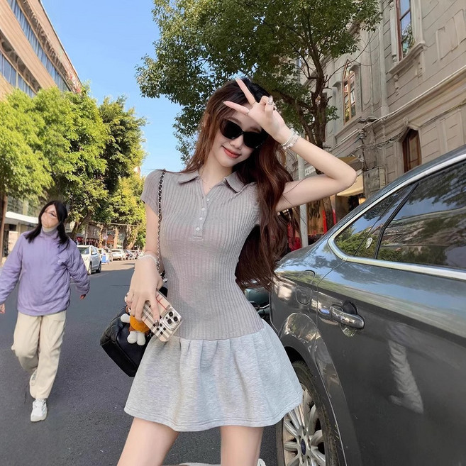 스타일닥터 하계 여성 원피스 니트 카라니 트반팔티 원피스 여름 티셔츠 플리츠스커트