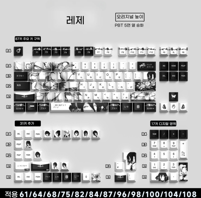 REZE 레제 체인소맨 기계식 키보드 일본어 키캡 체리 PBT Wooting 60HE 키캡, 135키 오리지널 높이