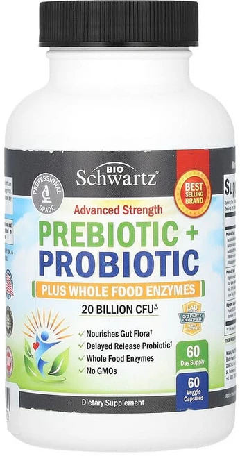 BioSchwartz 어드밴스드 강도 프리바이오틱 + 프로바이오틱 천연 식품 효소 200억CFU 베지 캡슐 60정 BioSchwartz (바이오슈워츠), 1개 - 쿠팡