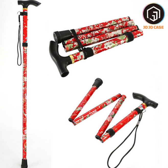조조케이스 경량 접이식지팡이 5단 꽃무늬지팡이 어르신지팡이, 레드, 1개