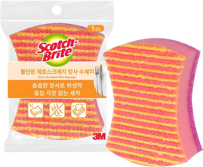 스카치브라이트 3M 올인원 망사 제로 스크래치 수세미, 1개, 1개 - 쿠팡