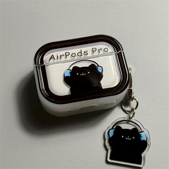 besteffie 적용모델 에어팟 프로3 케이스 귀여운 고양이 실리콘 보호 커버 방수 방진 심플 고급 디자인 K53, 블랙 세트