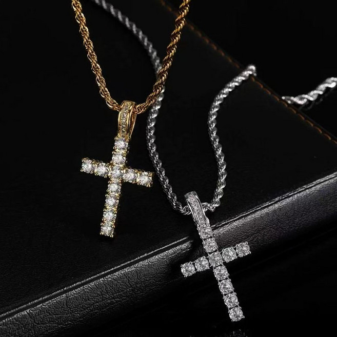 FANSYLI 십자가목걸이 남자금목걸이 은도금 플래팅 십자가 큐빅 펜던트 목걸이 커플목걸이 0401JLL044