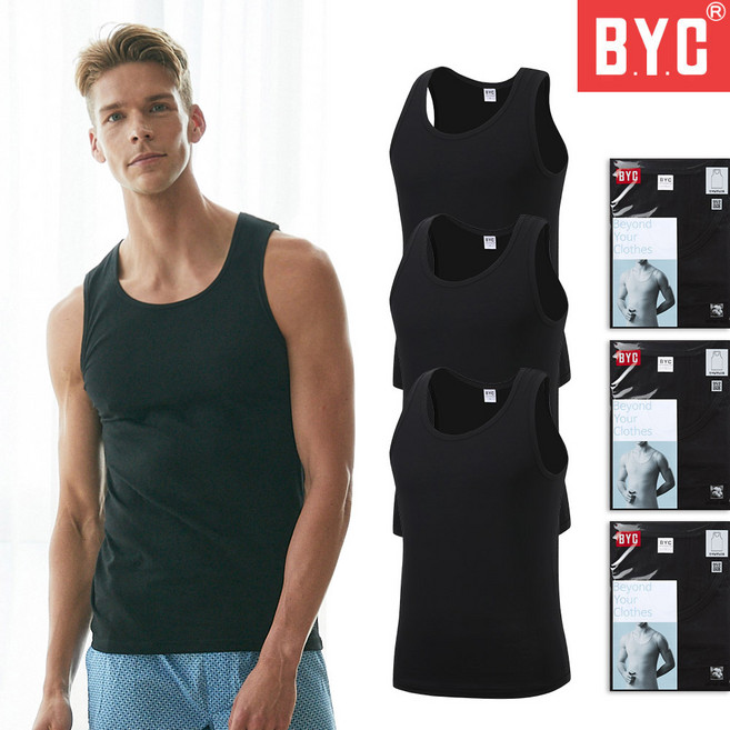 BYC 남자 블랙 런닝 3매 순면 100% 런닝나시