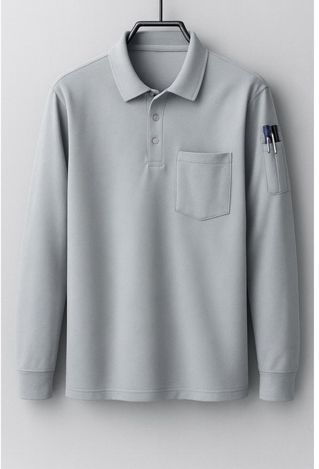 長袖網眼排汗 Polo衫 口袋筆插設計 速乾工作翻領上衣, 淺灰,2XL