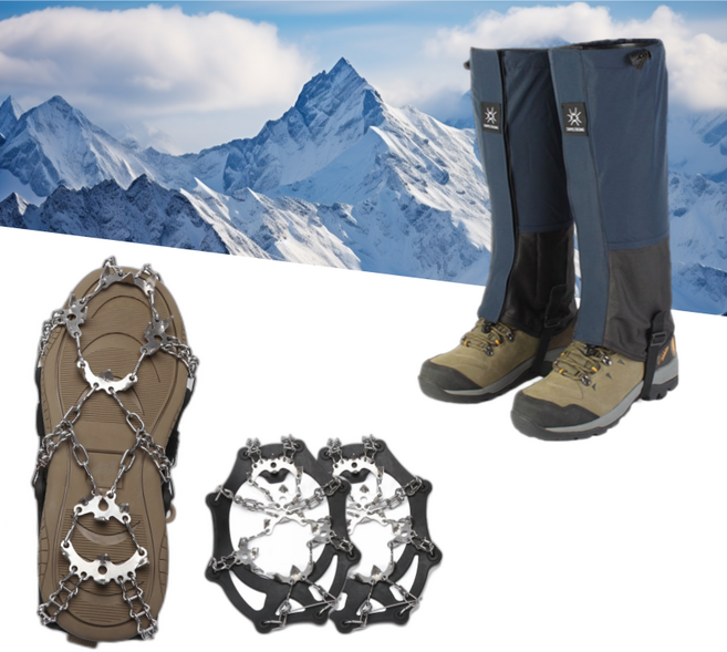 등산 스텐 체인 아이젠 + 방수 롱 스패츠 발토시 세트, XL(270-290), 네이비