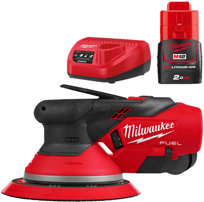 밀워키 전동 충전 샌더 2Ah 배터리 1팩 세트 M12 FROS50-201 원형 샌딩기 150mm 목공 목재, 1세트